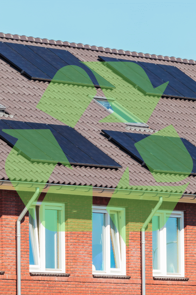 apartment complex with solar panels on the roof and a transparent eco-friendly symbol over it.