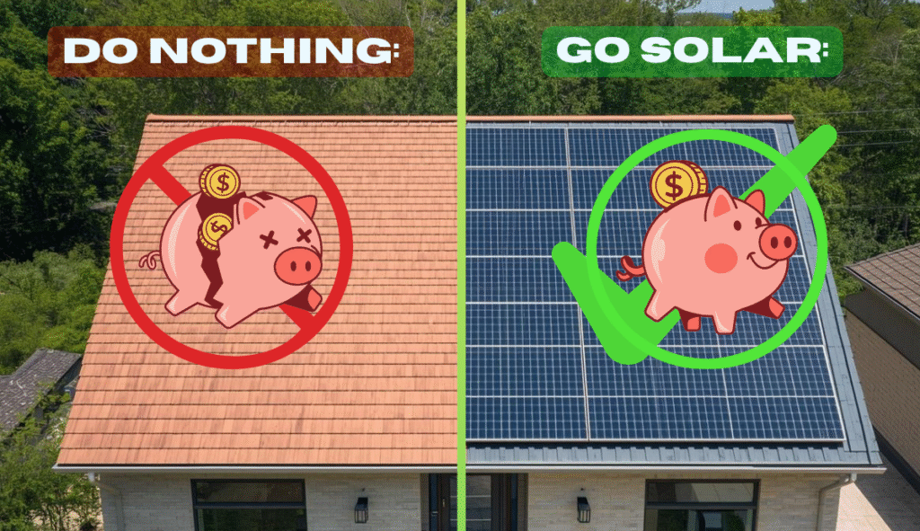 split screen of a home with solar panels and the other half without- the side with no panels indicates you will be spending more as opposed to to th other side with panels, where you'll be saving a lot of money
