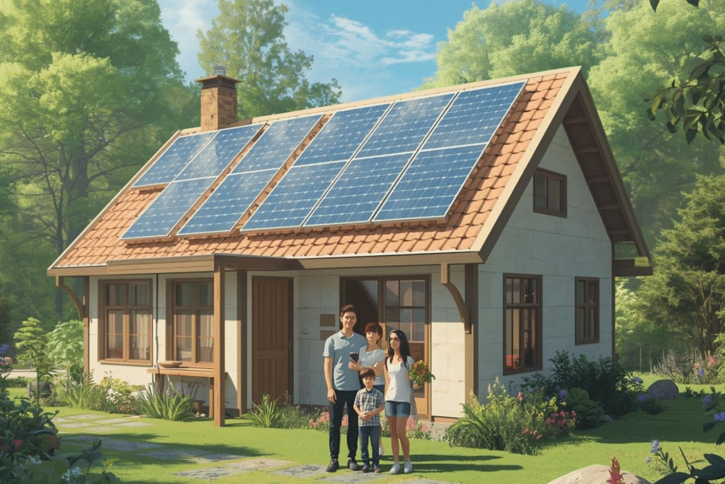 an illustrative photo of a family in front of their house with solar panels