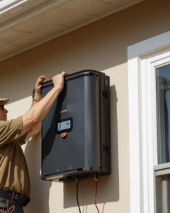 someone checking a solar battery at the side of the house