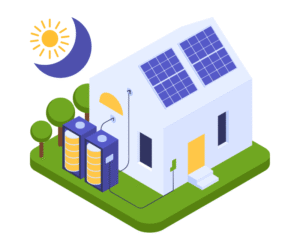 illustrative of house with solar panels and a sun and moon