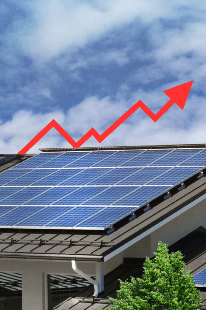 a modern house with solar panels with a red graphic arrow point up, insinuating prices for solar will rise