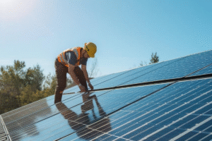 man inspecting a solar panel