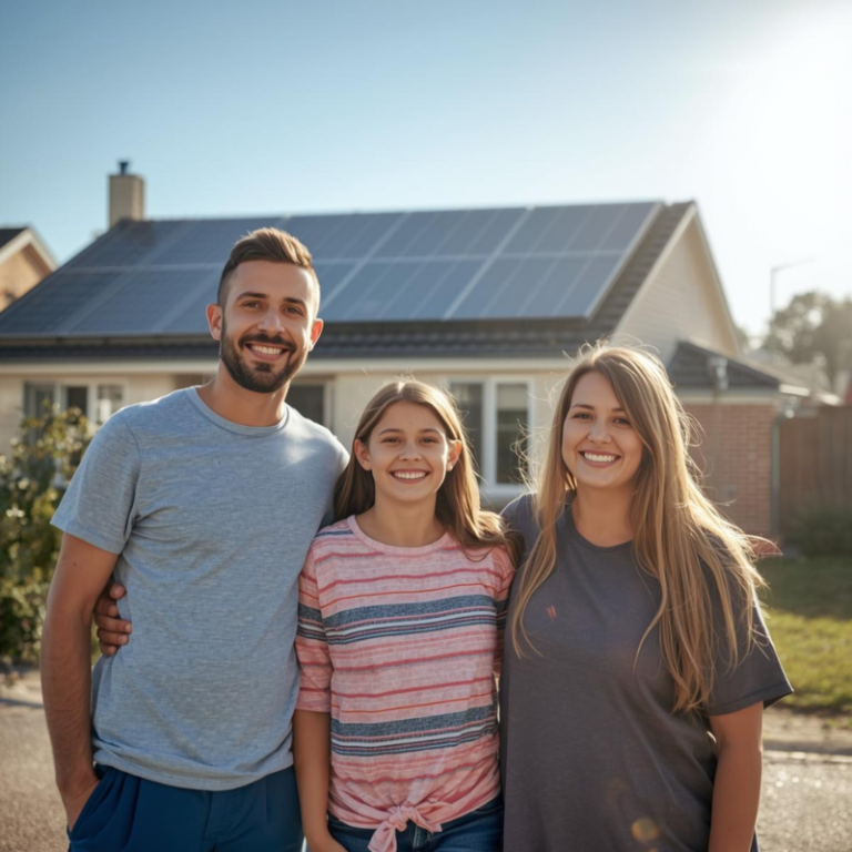 family of 3 in front of their solar home