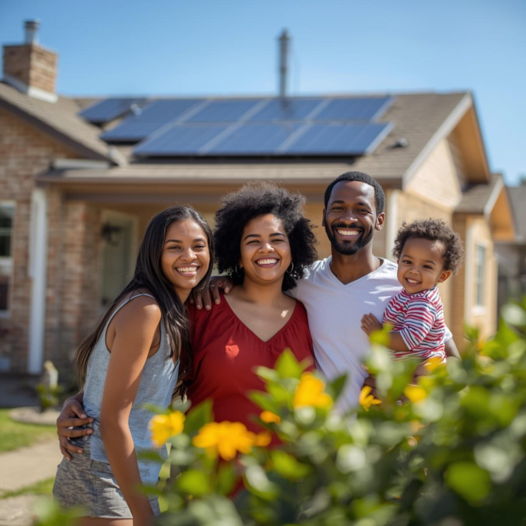 family of 4 in front of their solar home