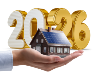 a home with a solar panels with 2026 in large font in the background