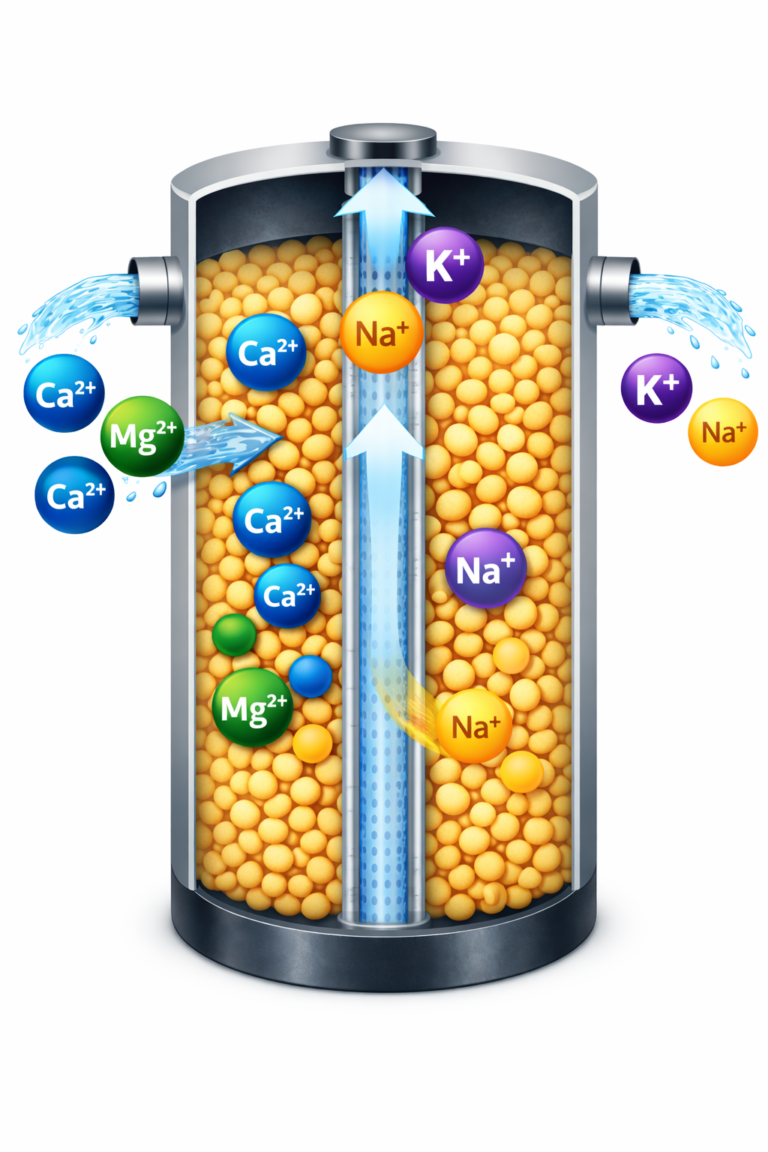Magnesium and calcium are being absorbed through the resin beads in the tank in the water softener system