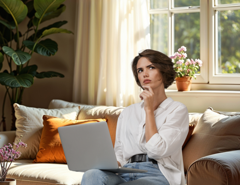woman contemplating on her living room couch